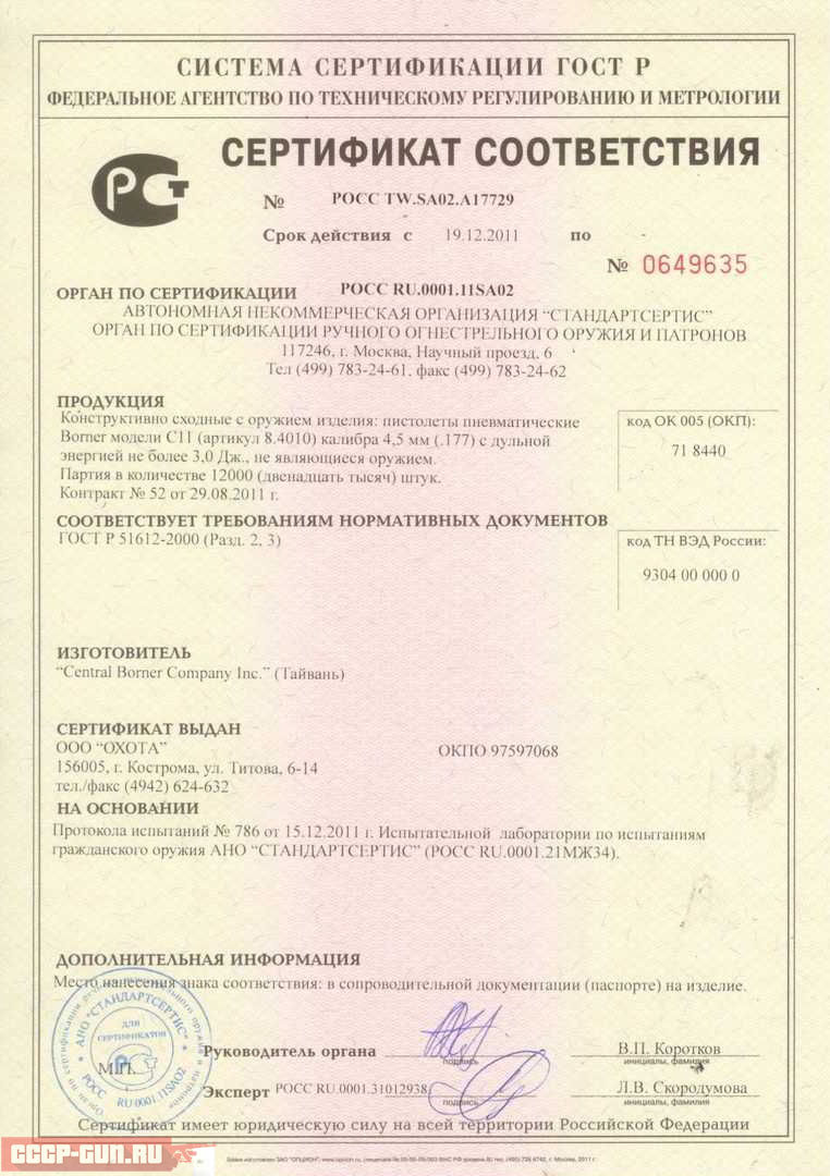 Сертификат на пневматический пистолет A+A Атаман-М1-У (CO2, PCP) скачать
