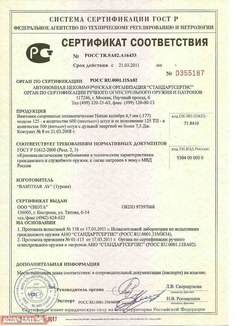 Сертификат на пневматическую винтовку Hatsan 125 (Турция) скачать