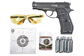 Пневматический пистолет Stalker S84 Hunter Set №2 4.5 мм (Beretta M84, 10 баллонов, 500 шаров, очки, 50 мишеней, подарочный набор)