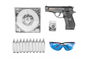 Пневматический пистолет Stalker S84 Hunter Set №2 4.5 мм (Beretta M84, 10 баллонов, 500 шаров, очки, 50 мишеней, подарочный набор)