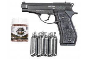 Пневматический пистолет Stalker S84 Hunter Set №1 4.5 мм (Beretta M84, 10 баллонов, 500 шаров, подарочный набор)