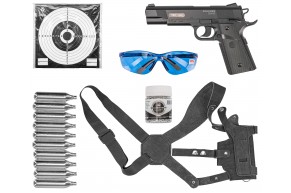 Пневматический пистолет Stalker S1911G Hunter Set №3 4.5 мм (Colt 1911, 10 баллонов, 500 шаров, очки, 50 мишеней, кобура, подарочный набор)
