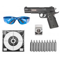 Пневматический пистолет Stalker S1911G Hunter Set №2 4.5 мм (Colt 1911, 10 баллонов, 500 шаров, очки, 50 мишеней, подарочный набор)