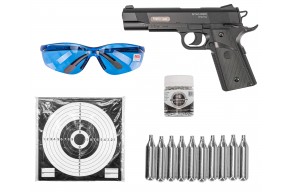 Пневматический пистолет Stalker S1911G Hunter Set №2 4.5 мм (Colt 1911, 10 баллонов, 500 шаров, очки, 50 мишеней, подарочный набор)
