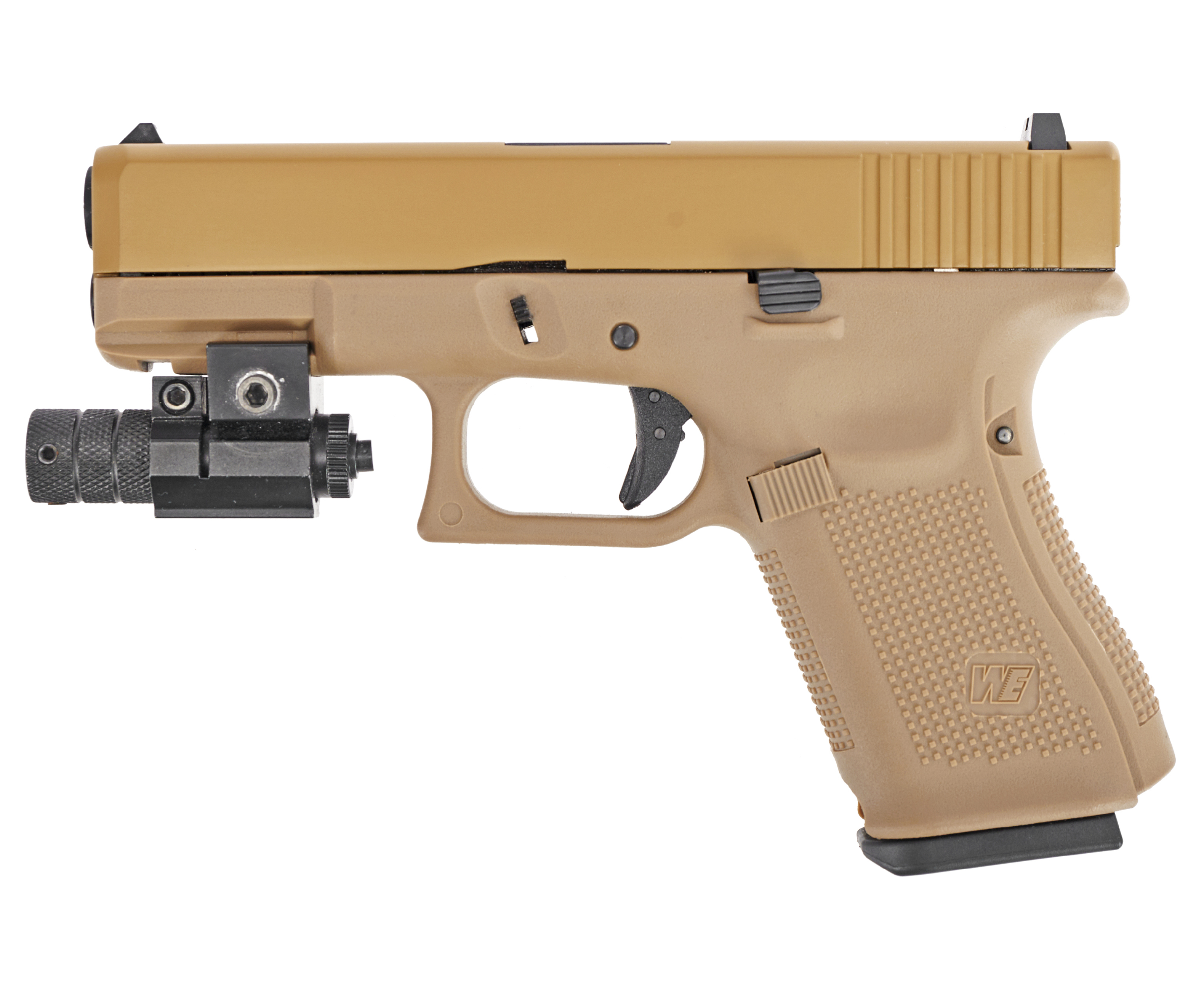 Страйкбольный пистолет WE Glock 19 Gen.5 (6 мм, GBB, Green Gas, Tan)