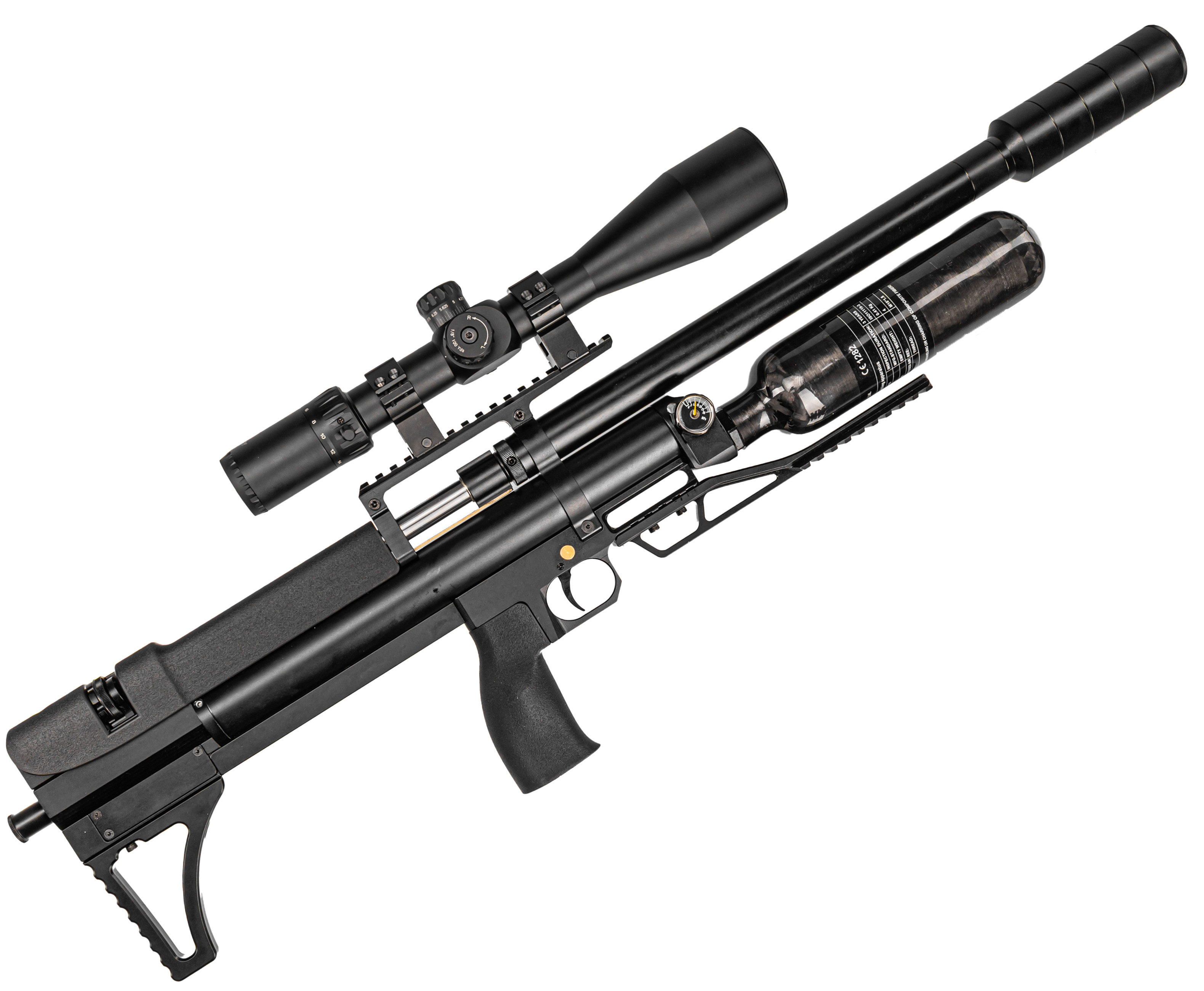 Пневматическая винтовка Dobermann Alfa Bull-Pup 6.35 мм (600 мм, прямоток, стандарт, под полнотел, модератор 44 мм, колба, передний взвод)