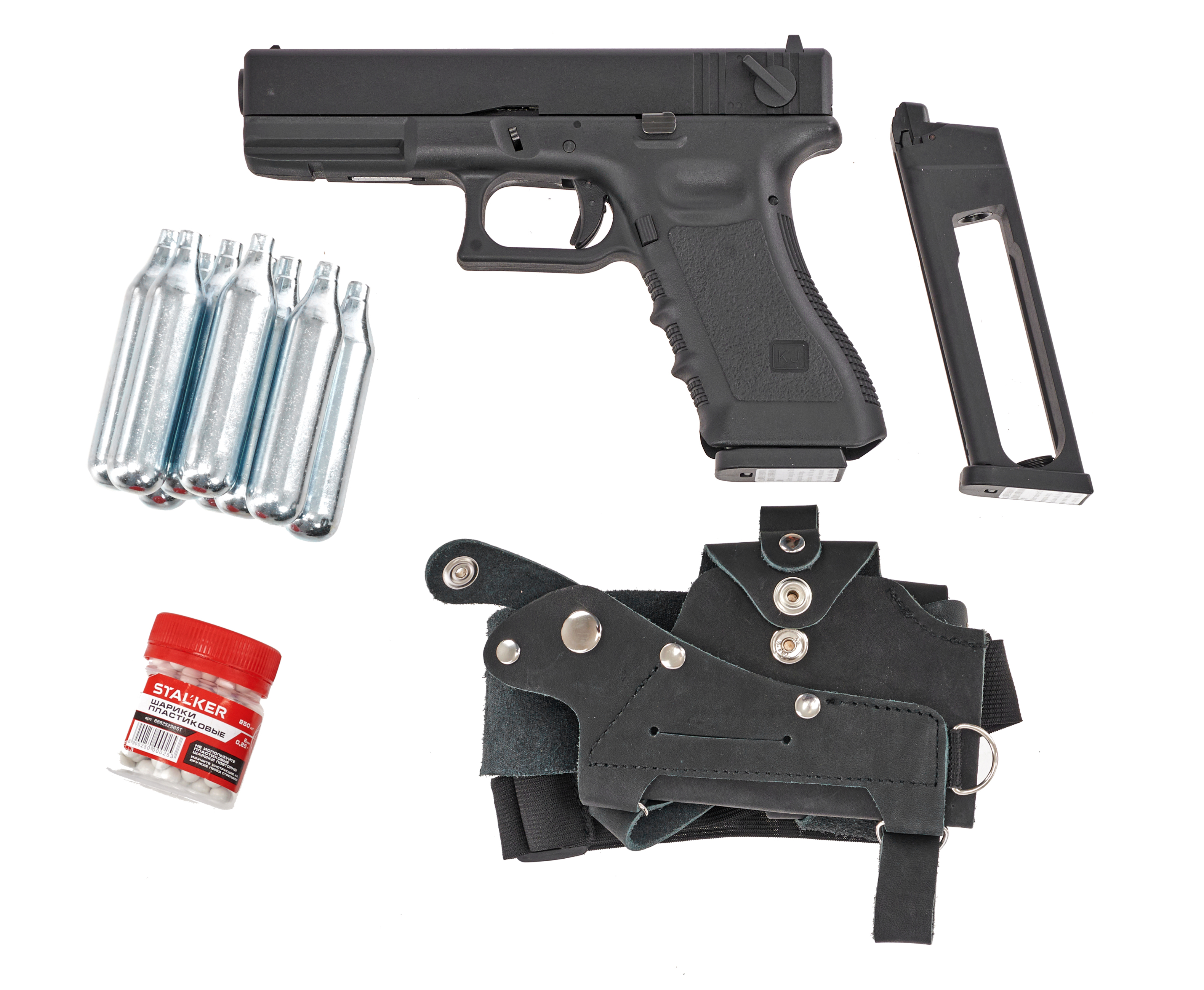 Страйкбольный пистолет KJW Glock G18 Hunter Set №1 (10 баллончиков, магазин, кобура, 250 шаров, подарочный набор)